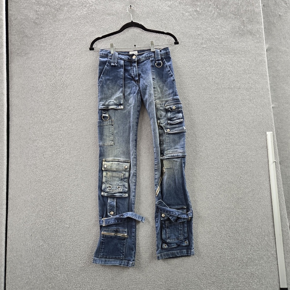 Bebe Women Jeans S Blue Denim Maxi Cargo Biker Grunge 29" Inseam Outdoor